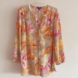 NYDJ Blouse - Tropical Floral in pink and orange on tan - Size M